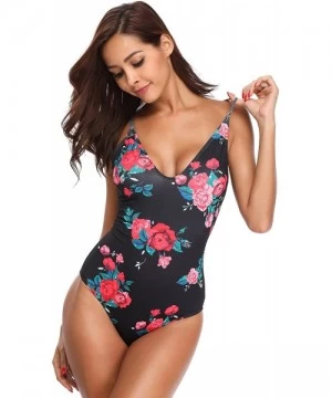 One-Pieces Women V-Neck One Piece Swimsuit Floral Print Bathing Suit - Red-flower - CS18ERLUC28