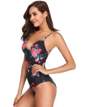 One-Pieces Women V-Neck One Piece Swimsuit Floral Print Bathing Suit - Red-flower - CS18ERLUC28