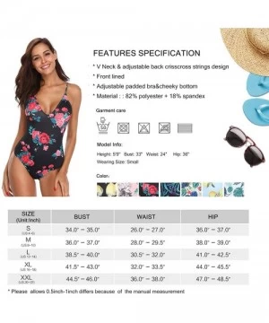 One-Pieces Women V-Neck One Piece Swimsuit Floral Print Bathing Suit - Red-flower - CS18ERLUC28