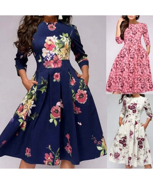 Cover-Ups Dress for Women Party-A-Line Pocket 3/4 Sleeve Boho Floral Print Elegant Loose Party Casual Summer Midi Swing Dress...