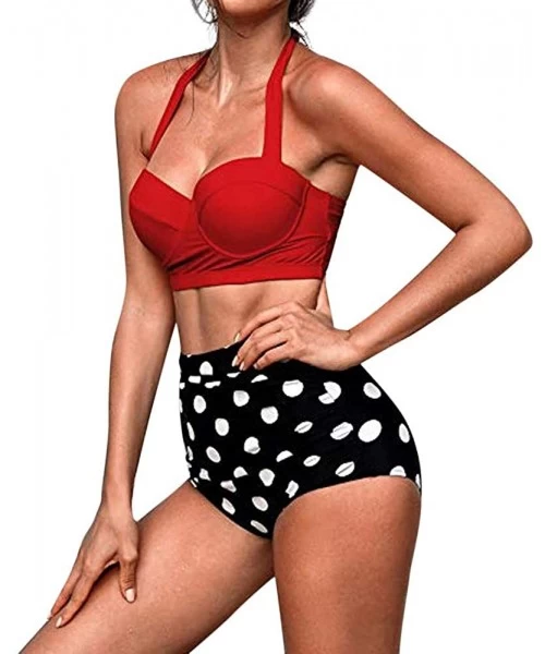 Tankinis Women's High Waist Bikini Swimwear Women's Vintage Print Beachwear Bikini Set Swimwear - Red - CF18SAGQ3XR