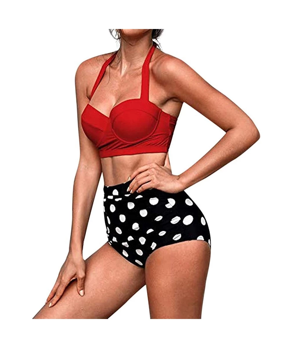 Tankinis Women's High Waist Bikini Swimwear Women's Vintage Print Beachwear Bikini Set Swimwear - Red - CF18SAGQ3XR