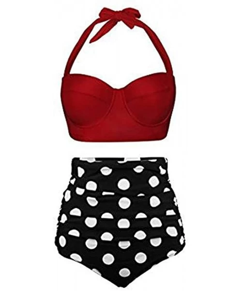 Tankinis Women's High Waist Bikini Swimwear Women's Vintage Print Beachwear Bikini Set Swimwear - Red - CF18SAGQ3XR