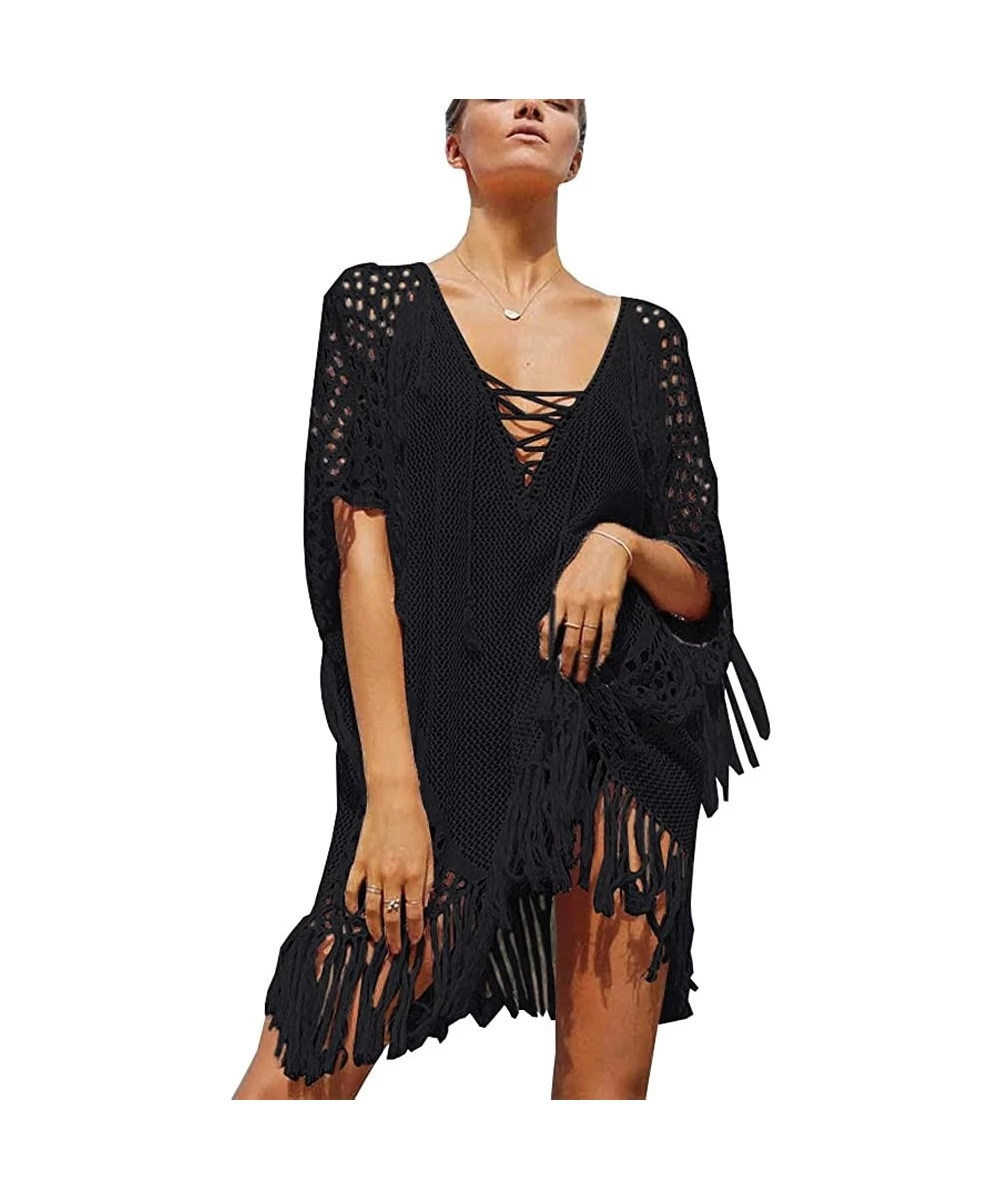 Cover-Ups Women Crochet Fringe Hollow Out Beachwear Casual Beach Dress Bikini Swimsuit Cover up - H-black - CM183Y9A9WR