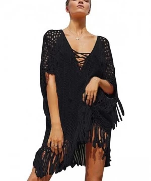 Cover-Ups Women Crochet Fringe Hollow Out Beachwear Casual Beach Dress Bikini Swimsuit Cover up - H-black - CM183Y9A9WR