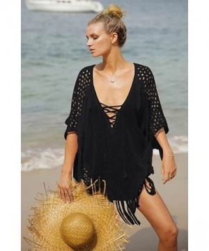 Cover-Ups Women Crochet Fringe Hollow Out Beachwear Casual Beach Dress Bikini Swimsuit Cover up - H-black - CM183Y9A9WR