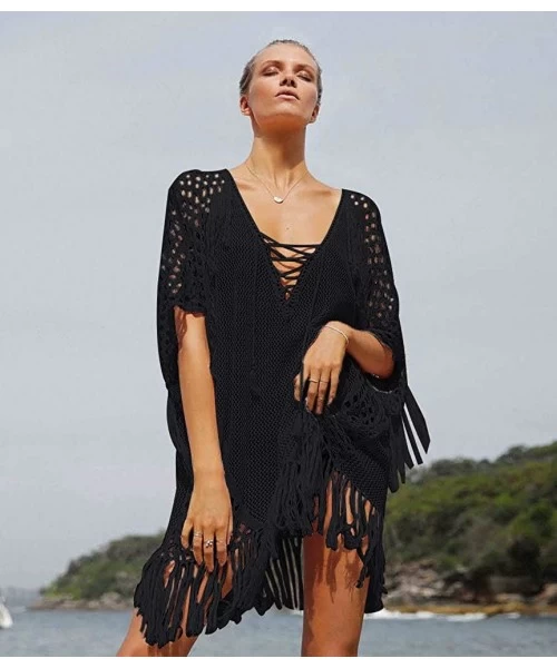 Cover-Ups Women Crochet Fringe Hollow Out Beachwear Casual Beach Dress Bikini Swimsuit Cover up - H-black - CM183Y9A9WR