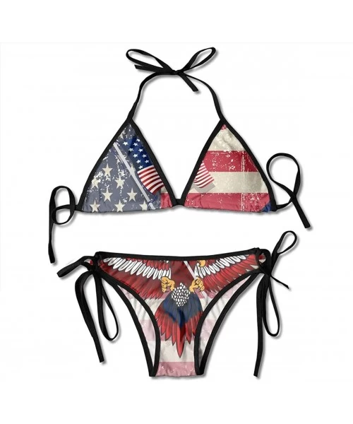 Sets Bald Eagle with USA Flag Women's Two Piece Halter Top Bikini Sets Tie Side Bottom Adjustable Swimwear for Swimming Pool ...