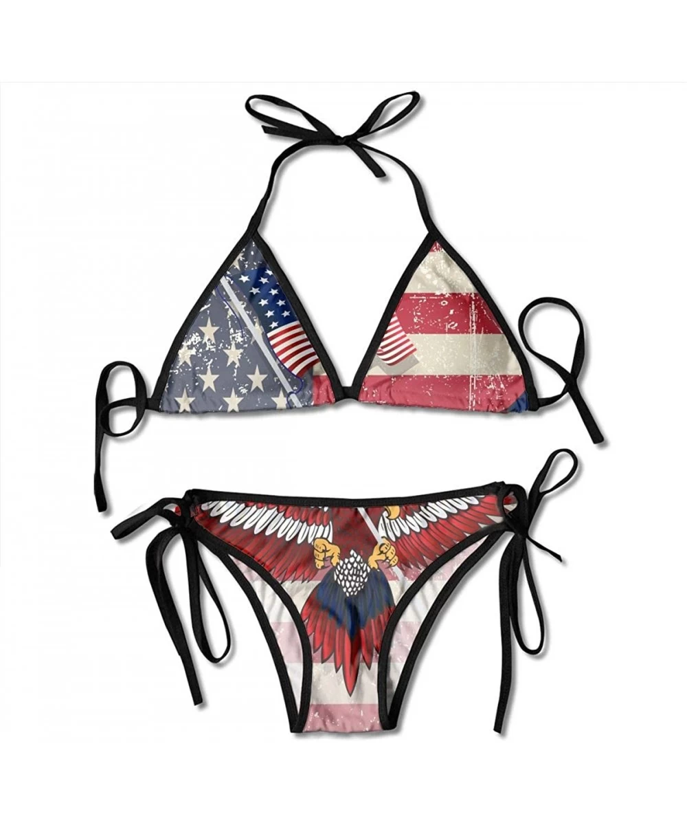 Sets Bald Eagle with USA Flag Women's Two Piece Halter Top Bikini Sets Tie Side Bottom Adjustable Swimwear for Swimming Pool ...