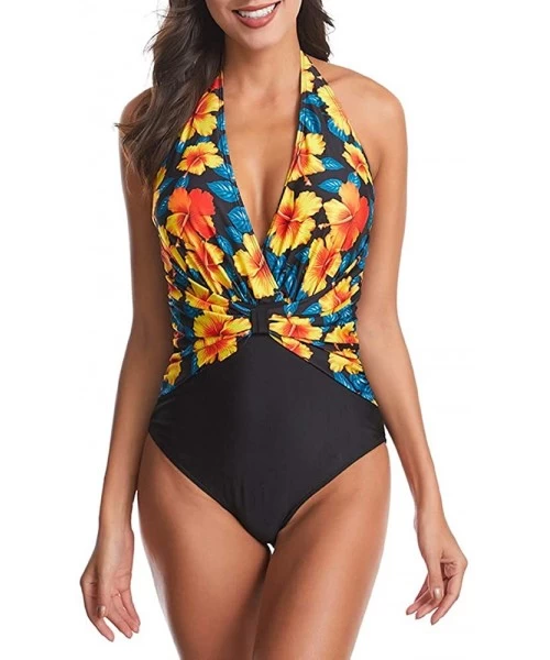 One-Pieces Halter Deep V Neck Swimsuits for Women One Piece Sexy Backless Bathing Suit Swimwear - Yellow Flower - CF193C5YIUS