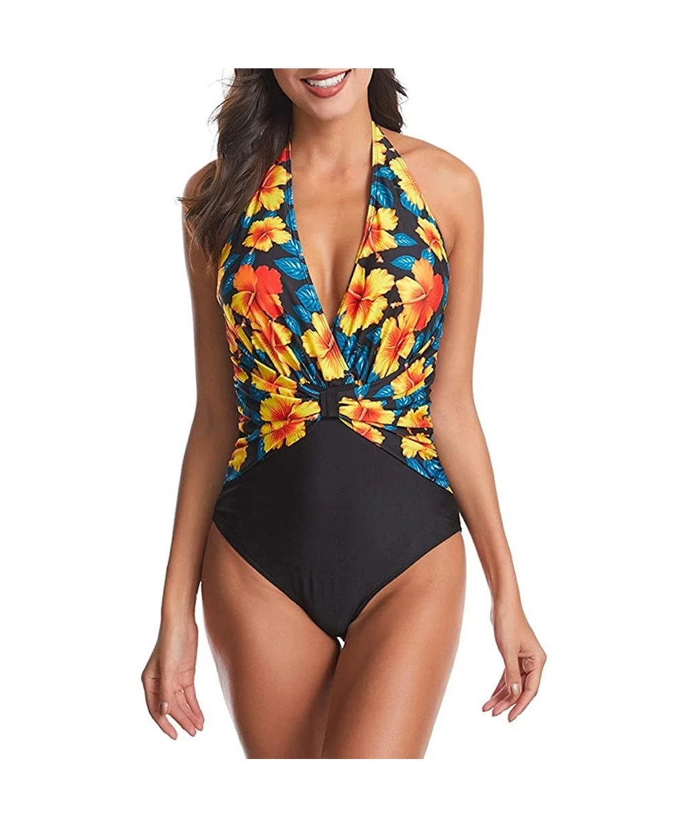 One-Pieces Halter Deep V Neck Swimsuits for Women One Piece Sexy Backless Bathing Suit Swimwear - Yellow Flower - CF193C5YIUS