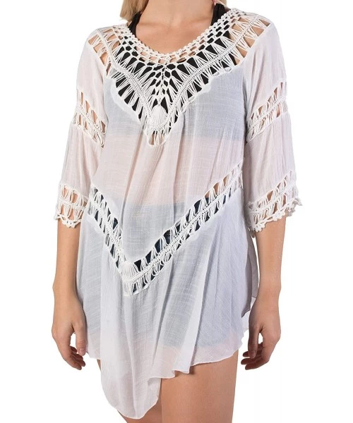 Cover-Ups Women's Crochet Beach Swimsuit Cover Up Bohemian Top - White - CB18KS2M2U3