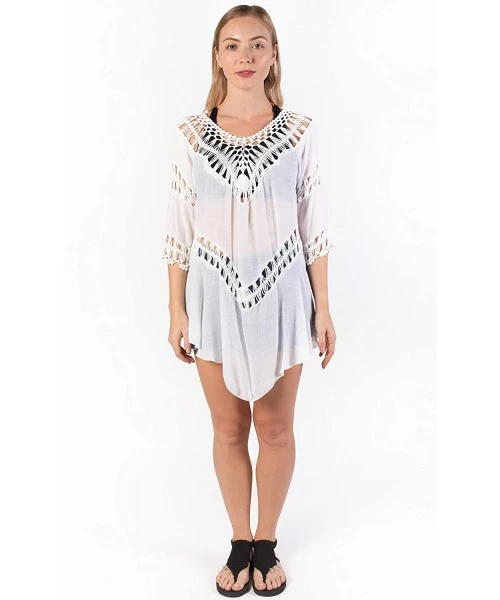 Cover-Ups Women's Crochet Beach Swimsuit Cover Up Bohemian Top - White - CB18KS2M2U3