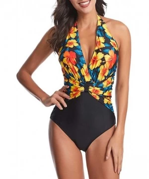 One-Pieces Halter Deep V Neck Swimsuits for Women One Piece Sexy Backless Bathing Suit Swimwear - Yellow Flower - CF193C5YIUS