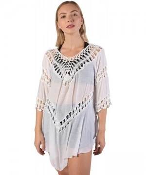 Cover-Ups Women's Crochet Beach Swimsuit Cover Up Bohemian Top - White - CB18KS2M2U3