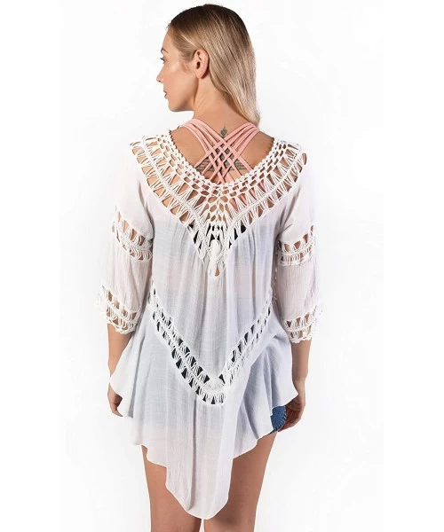 Cover-Ups Women's Crochet Beach Swimsuit Cover Up Bohemian Top - White - CB18KS2M2U3