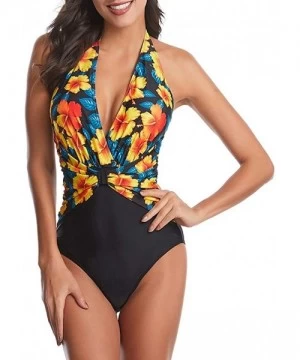 One-Pieces Halter Deep V Neck Swimsuits for Women One Piece Sexy Backless Bathing Suit Swimwear - Yellow Flower - CF193C5YIUS