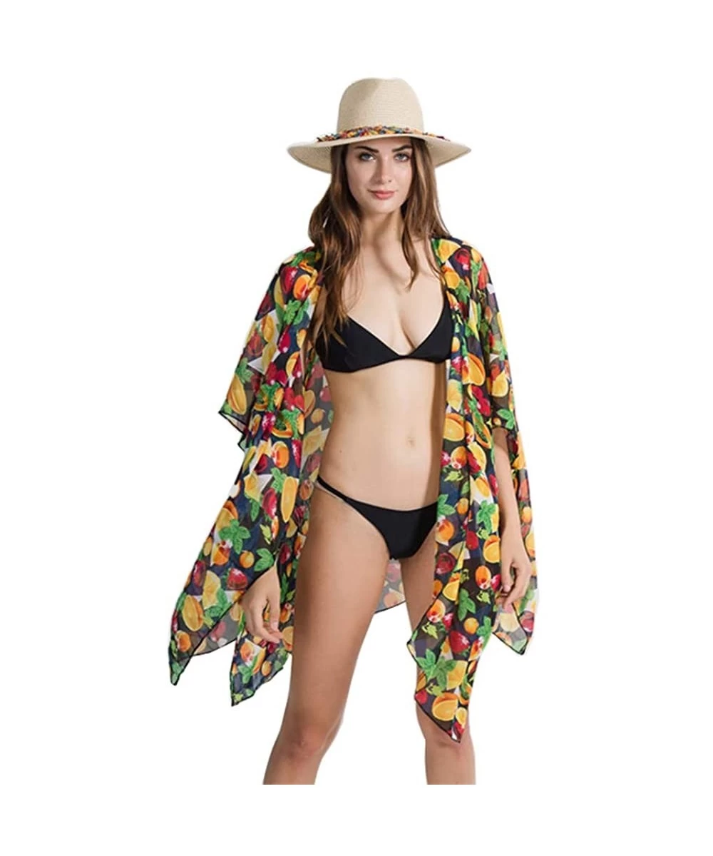 Cover-Ups Fruits Printed Kimono Cardigans Chiffon Oversized Beach Cover Ups Summer Loose Sheer Blouse Tops - Black - CD190ZGLWQH