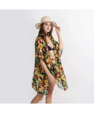 Cover-Ups Fruits Printed Kimono Cardigans Chiffon Oversized Beach Cover Ups Summer Loose Sheer Blouse Tops - Black - CD190ZGLWQH