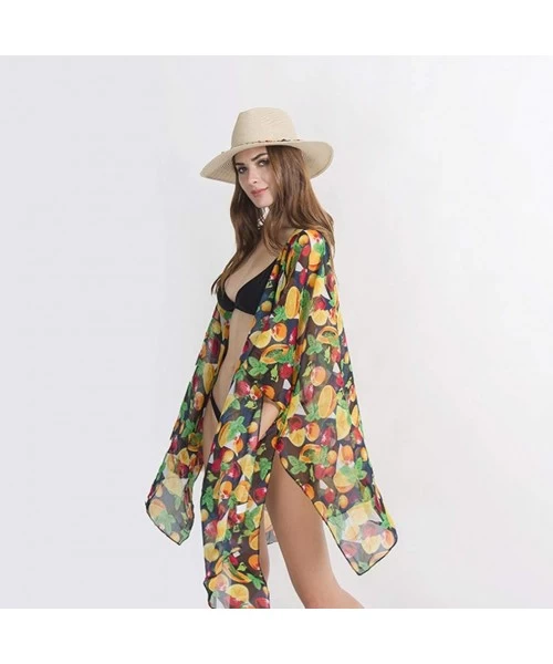 Cover-Ups Fruits Printed Kimono Cardigans Chiffon Oversized Beach Cover Ups Summer Loose Sheer Blouse Tops - Black - CD190ZGLWQH