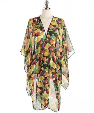 Cover-Ups Fruits Printed Kimono Cardigans Chiffon Oversized Beach Cover Ups Summer Loose Sheer Blouse Tops - Black - CD190ZGLWQH