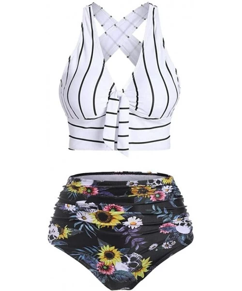 Board Shorts Women's Striped Sunflower Print Push-Up Padded Plus Size Overlay Bikini Swimsuit Beachwear - C White - CP199XCOXK9