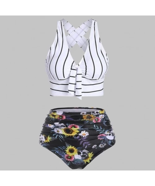 Board Shorts Women's Striped Sunflower Print Push-Up Padded Plus Size Overlay Bikini Swimsuit Beachwear - C White - CP199XCOXK9