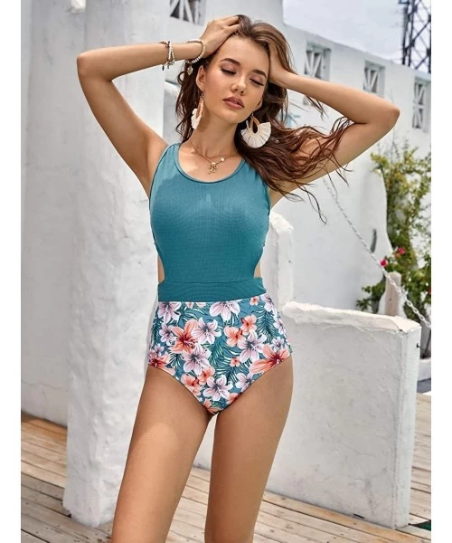 One-Pieces One Piece Swimsuits for Women High Waisted Bathing Suit Monokini Floral Print Cutout Racerback Zip Up Green / Hibi...