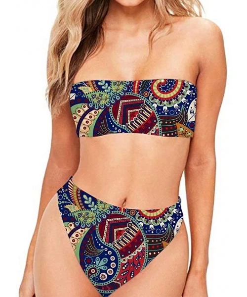 Sets Line Print Bohemia Women 2 Pieces Bikini Strapless High Cut Swimsuits - Re-1 - CQ18OMTCC3Y