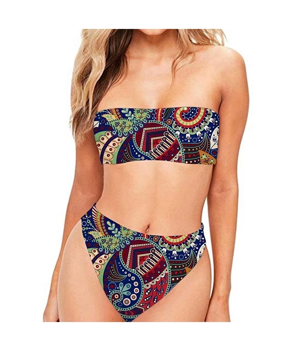 Sets Line Print Bohemia Women 2 Pieces Bikini Strapless High Cut Swimsuits - Re-1 - CQ18OMTCC3Y