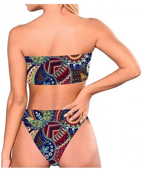 Sets Line Print Bohemia Women 2 Pieces Bikini Strapless High Cut Swimsuits - Re-1 - CQ18OMTCC3Y