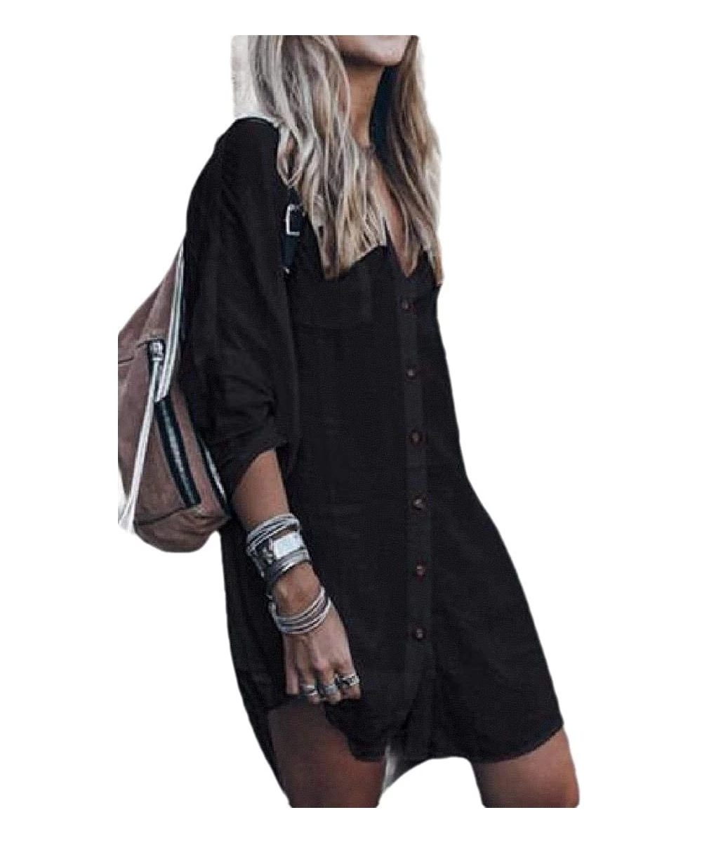 Cover-Ups Womens Button Down Cotton Long Sleeve Solid Beach Beach Cover Up Bikini Cover Up Shirt Dress - Black - CH19CMWT0U5