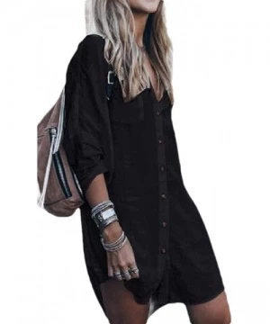 Cover-Ups Womens Button Down Cotton Long Sleeve Solid Beach Beach Cover Up Bikini Cover Up Shirt Dress - Black - CH19CMWT0U5