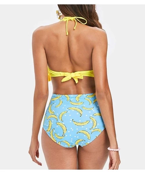 Sets Flounce Bikini high Waist Backless Swimsuit Halter Bathing Suit - Yellow and Blue - C218TD34K6C