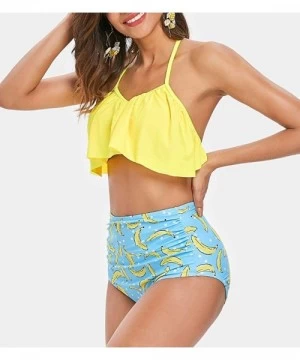 Sets Flounce Bikini high Waist Backless Swimsuit Halter Bathing Suit - Yellow and Blue - C218TD34K6C