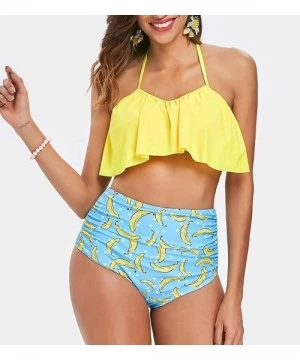 Sets Flounce Bikini high Waist Backless Swimsuit Halter Bathing Suit - Yellow and Blue - C218TD34K6C