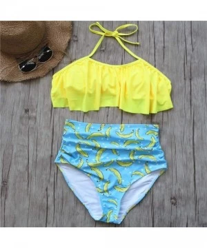 Sets Flounce Bikini high Waist Backless Swimsuit Halter Bathing Suit - Yellow and Blue - C218TD34K6C