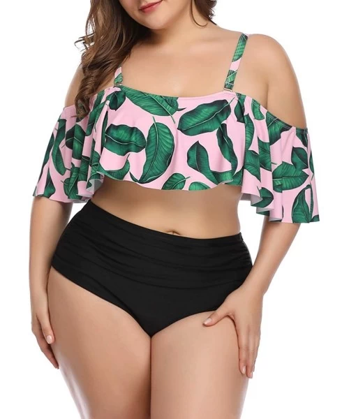 Sets Plus Size Two Piece Swimsuits for Women Off Shoulder Top High Waisted Ruched Bikini - Pink - CU18UTHTR36