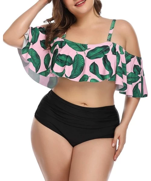 Sets Plus Size Two Piece Swimsuits for Women Off Shoulder Top High Waisted Ruched Bikini - Pink - CU18UTHTR36