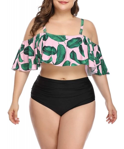 Sets Plus Size Two Piece Swimsuits for Women Off Shoulder Top High Waisted Ruched Bikini - Pink - CU18UTHTR36