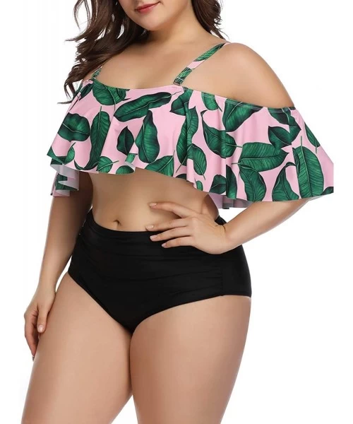 Sets Plus Size Two Piece Swimsuits for Women Off Shoulder Top High Waisted Ruched Bikini - Pink - CU18UTHTR36