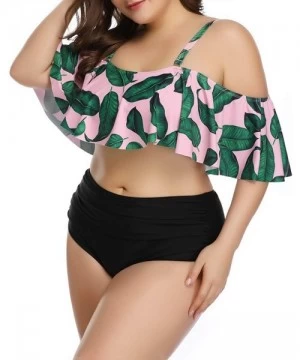 Sets Plus Size Two Piece Swimsuits for Women Off Shoulder Top High Waisted Ruched Bikini - Pink - CU18UTHTR36