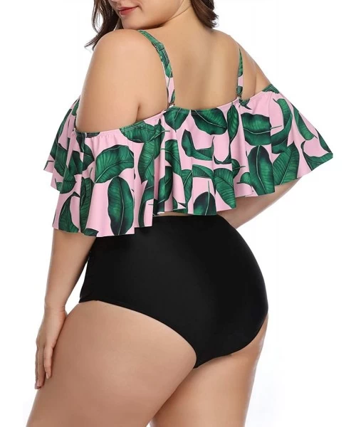 Sets Plus Size Two Piece Swimsuits for Women Off Shoulder Top High Waisted Ruched Bikini - Pink - CU18UTHTR36