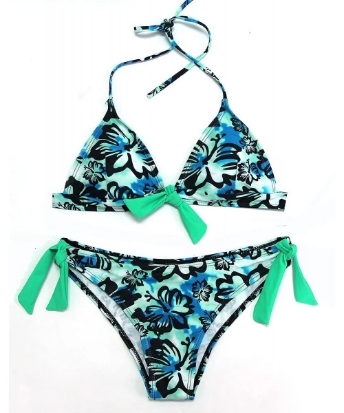 Sets Women's Sexy Triangle Halter Bikini Set Push Up Two Piecee Swimsuits Padded Tie Knot Swimwear Bathing Suits Blue Floral ...