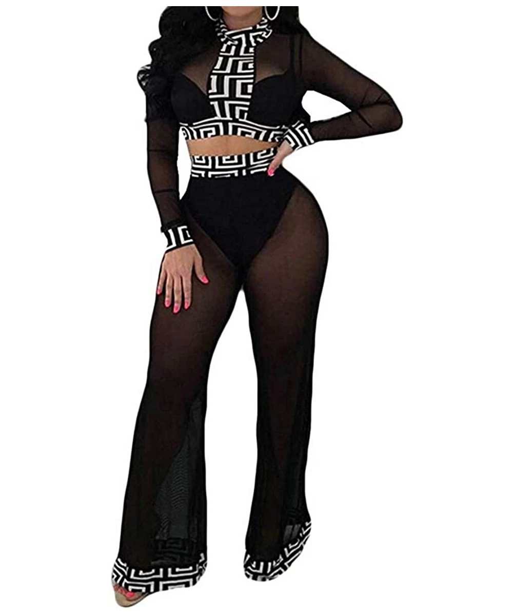 Racing Women See Through Sheer Mesh Bandage Two Piece Bikini Cover Up Hoodie Crop Tops and Legging Pants - Black-1 - CC18H93TEYK