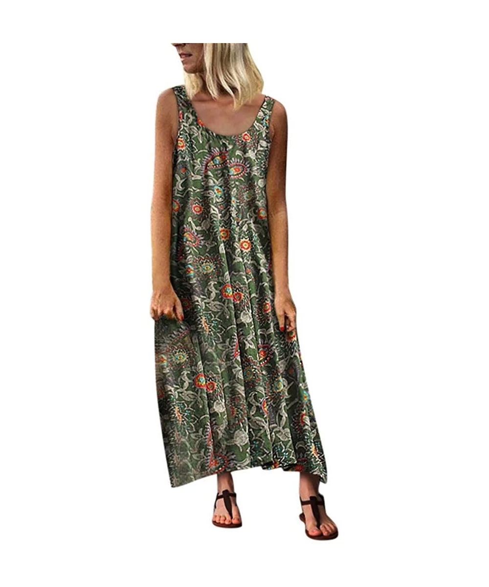 One-Pieces Long Dress For Women- Print Maxi Dress Boho Straps Dress Dress - Z4-army Green - CB198GSUM9C