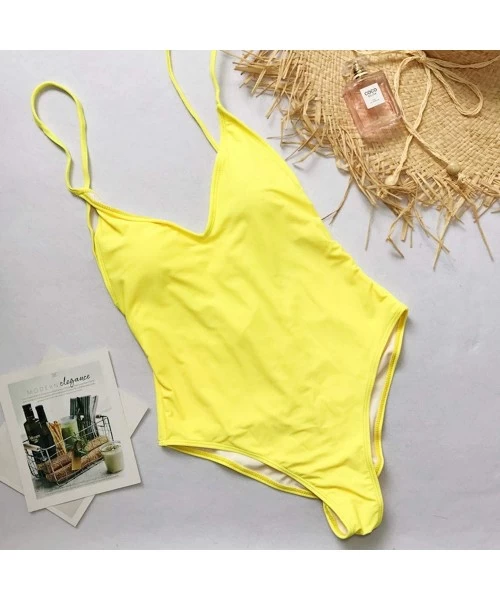 One-Pieces Women's One Piece Swimsuit Triangle Sexy Bikini Set Swimwear Crisscross Back Bathing Suit Swim Suit - Yellow - C01...