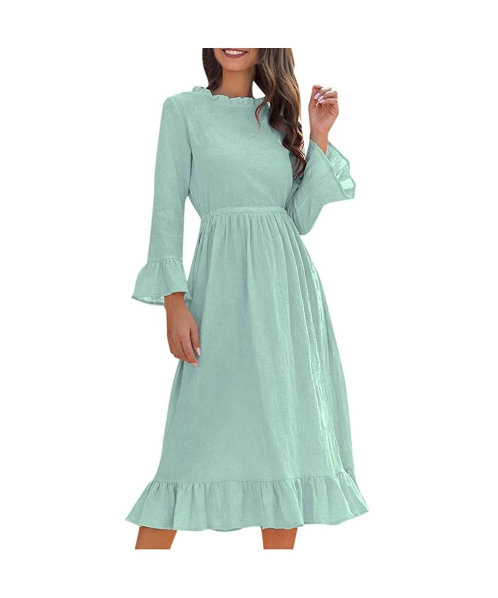 Rash Guards Womens Sweet Solid Ruffle Crew Neck Long Sleeve High Waist Swing Pleated Flared Long Dress Casual Dresses - Green...