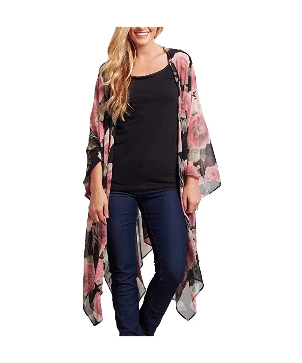 Cover-Ups Womens Summer Chiffon Shawl Floral Print Kimono Cardigan Top Cover Up Blouse Beachwear - A Pink - CV18QXEY56O