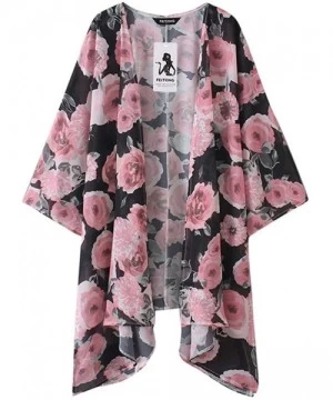 Cover-Ups Womens Summer Chiffon Shawl Floral Print Kimono Cardigan Top Cover Up Blouse Beachwear - A Pink - CV18QXEY56O